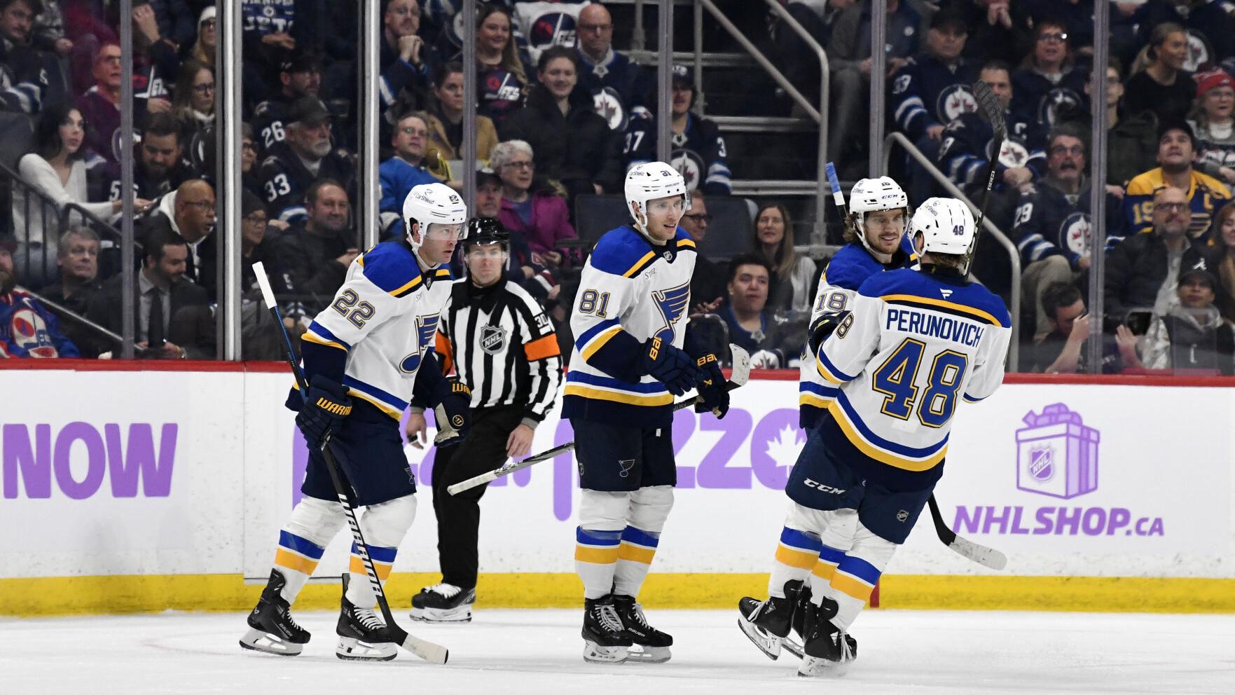 Dominant second period leads Blues past Jets, back to .500 record